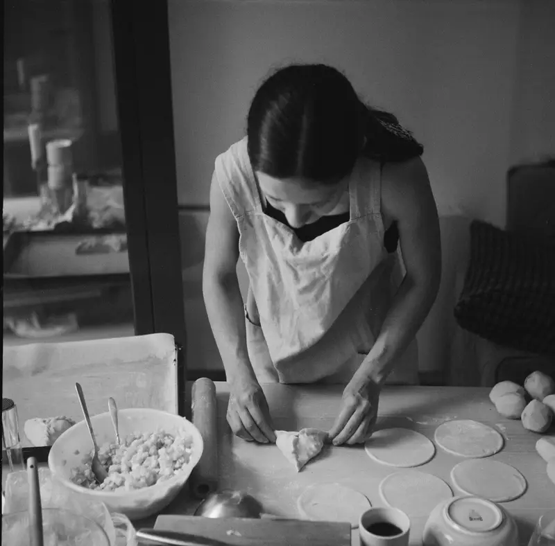 Diliara is making triangles (tatar: öçpoçmak)—a traditional Tatar pastry filled with potatoes and meat