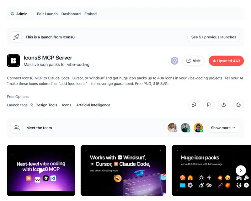 Icons8 MCP launch page on Product Hunt